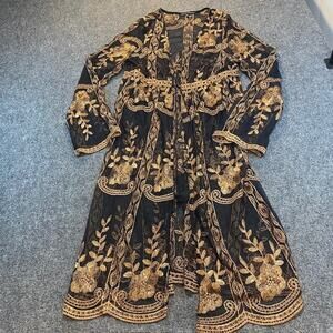 Haute Monde Black Gold Embroidered Sheer Cover Up Floral Tie Medium Kimono